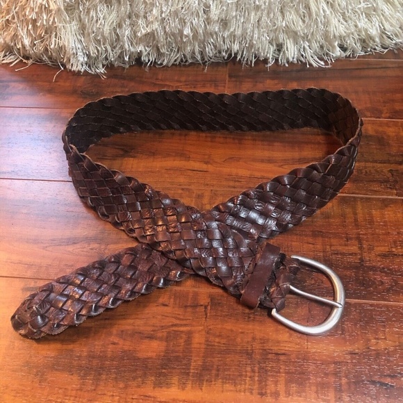 VINTAGE 90s M/L BoHo Hippie Brown Woven Leather Floral Filagree Buckle Belt - Picture 2 of 5